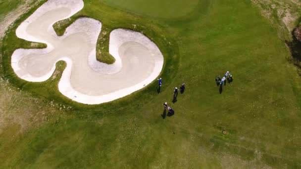 Havadan görünümü üzerinde yeşil koyarak oynamaya golfçüler. Yeşil bir golf profesyonel oyuncular. — Stok video