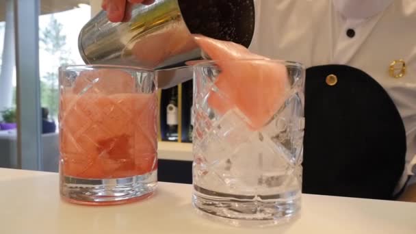 Der Barkeeper, der in einer Nachtbar Cocktails zubereitet. Saft einschenken. — Stockvideo