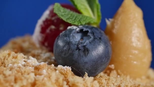 Mittenrutan jordgubb och blåbär på kakan. Tänd gnistan på en barnens tårta med jordgubbar och blåbär. tårta och färska bär dekoration — Stockvideo
