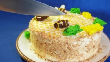 Kadının elleri üzerinde mavi arka plan tatlım kremalı pasta kesti. Tatlım pasta. Arılar ile pasta. Pastayı keser