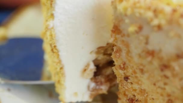 Female hands takes the piece of cake on the blade. Woman holding piece of cake on the blade. Piece of cake with honey cream on the blade. Close up — Stock Video