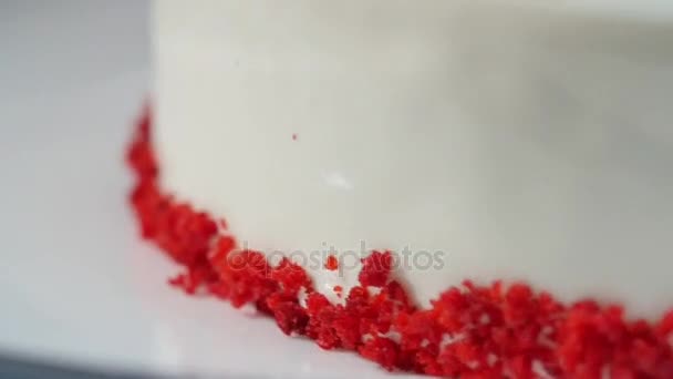 Vit tårta med vit grädde, kex närbild. Bröllopstårta med vita lila på ett vitt bord, nära upp, selektivt fokus. Caramel part kaka på en Mörkblå bakgrund — Stockvideo