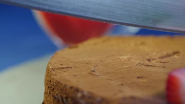 Bolo de chocolate de corte feminino com morangos na mesa de madeira, no fundo azul escuro. Fatia de bolo de chocolate vidrado na espátula. Fechar — Vídeo de Stock