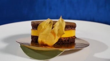 Kek dekore edilmiştir taze Physalis meyve. Koyu mavi zemin üzerine tatlı tatlı