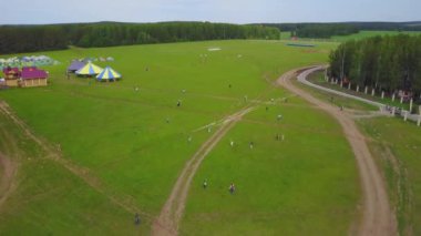 Güzel çocuklar erkek ve kız çocuklar parkta ile çalışan hava büyük grup. Uçurtma kaygısız etkinliği yaz eğlenceli eğlenceli kavramı
