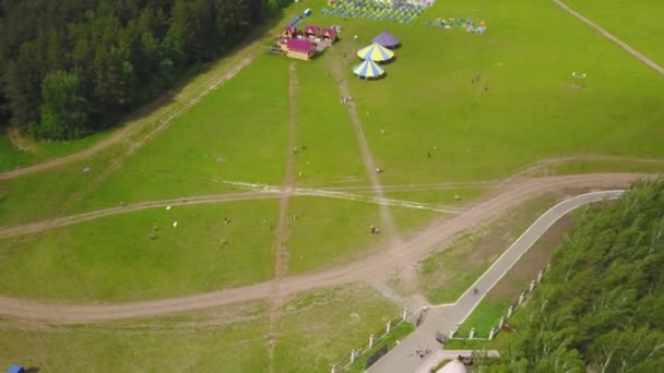 Antena Grupo grande de niños y niñas hermosos corriendo con niños en el parque. Cometa actividad despreocupada verano alegre divertido concepto — Vídeo de stock