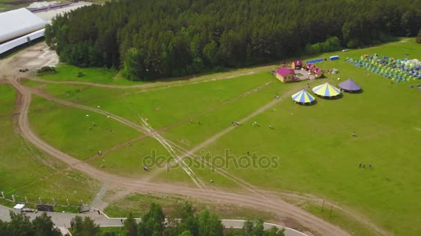Aerial Grande grupo de meninos e meninas crianças bonitas correndo com crianças no parque. Kite Carefree Atividade Verão Divertimento alegre Conceito — Vídeo de Stock