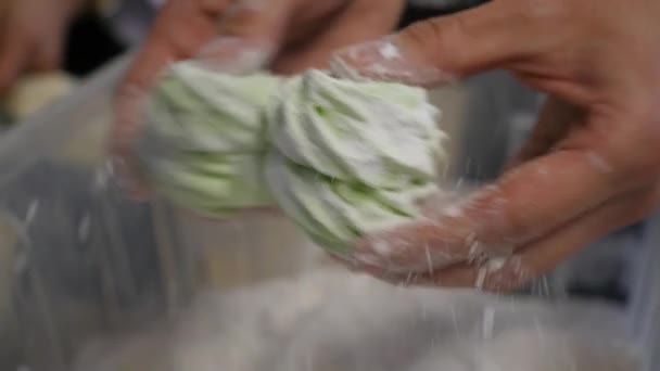 As mãos de mulheres que salpicam com a camada de açúcar um zephyr usando a peneira. O confeiteiro asperge o açúcar em pó no marshmallow. Confeiteiro polvilha açúcar em pó em marshmallow — Vídeo de Stock