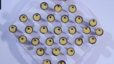 Üstten Görünüm tablo üzerinde yuvarlak cheesecakes üzerinde. Sarı kek. Sarı pasta çikolata yavaş hareket ile dekore edilmiştir.