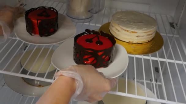 La mujer pone pastel dulce en el refrigerador. Pastel en la nevera — Vídeos de Stock