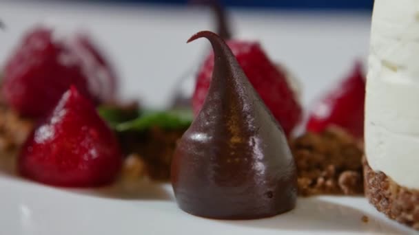 Gros plan sur la tartinade aux fraises et au chocolat. Goutte de chocolat et fraises gros plan — Video