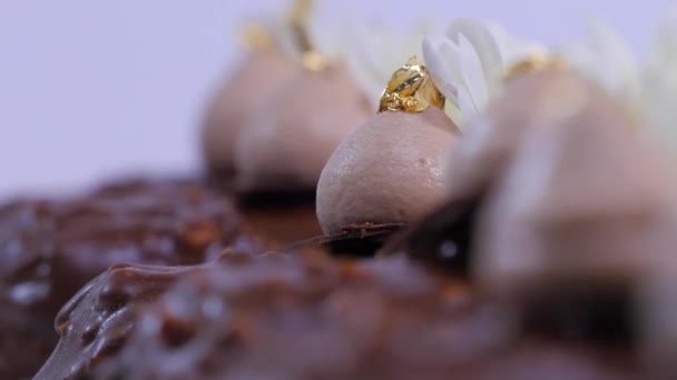 Blumen und Sahne auf dem Eis Nahaufnahme. Schokoladeneis auf einem Stock. Schokoladeneis auf einem mit Blumen dekorierten Stock — Stockvideo