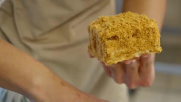 Cozinhar bolo de mel. Mãos femininas cozinhar bolo de mel com nozes — Vídeo de Stock