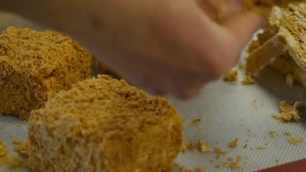 蜂蜜のケーキを調理します。女性の手とナッツ料理蜂蜜ケーキ — ストック動画