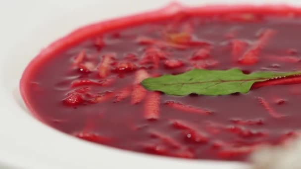 Ukrainian and russian national food - red beet soup borscht with beef.Moldovan soup. Close up. plate of beetroot cream soup on checkered dishtowel. Russian national food, red beet soup, borscht — Stock Video