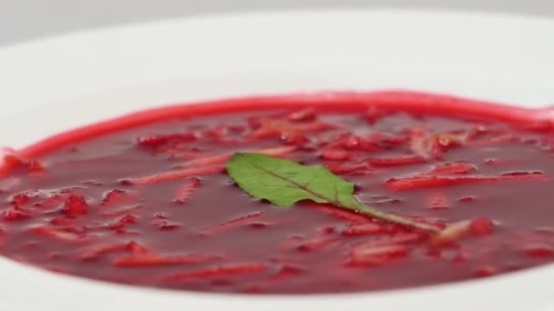 Ukrainian and russian national food - red beet soup borscht with beef.Moldovan soup. Close up. plate of beetroot cream soup on checkered dishtowel. Russian national food, red beet soup, borscht — Stock Video