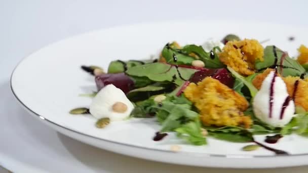 Komkommer salade met gegrilde tonijn. Rucola en bieten salade met geitenkaas en gekonfijte noten. Salade van rode biet, sla en zalm filets met een delicate roomsaus — Stockvideo