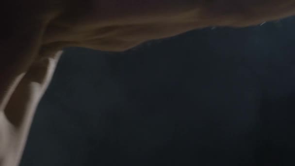 Les coups de poing se rapprochent dans la fumée fond sombre. Kickbox musculaire ou muay thai boxeur poinçonnage en fumée .