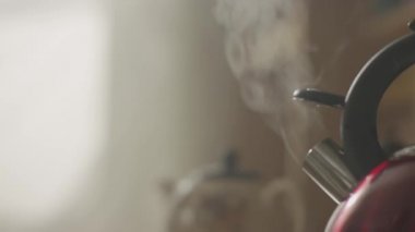 Kız bir mutfak gaz sobası mavi ısıt. Su ısıtıcısı el ıslık stovetop