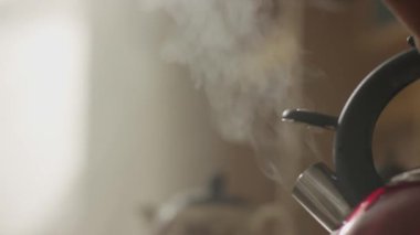 Kız bir mutfak gaz sobası mavi ısıt. Su ısıtıcısı el ıslık stovetop