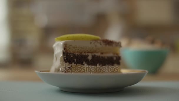 Delicioso bolo de chocolate em placa branca sobre fundo de mesa de madeira, close-up. pedaço de bolo caseiro na placa branca com morango em uma mesa de madeira, selecione o foco e fundo borrado — Vídeo de Stock