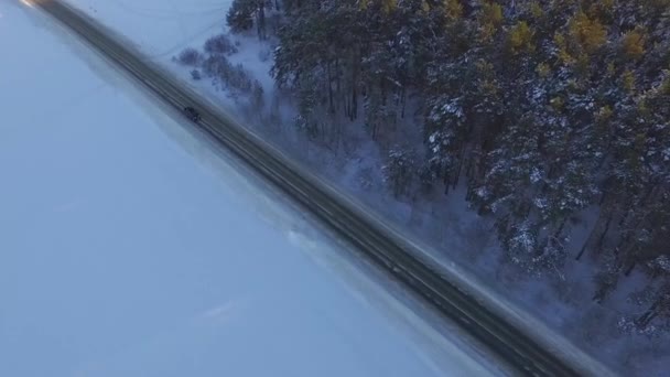 1 台の車は、国の道路で冬の森を運転します。ドローンから平面図です。雪に覆われた木が冬の山の高い森林を通って道の空撮 — ストック動画