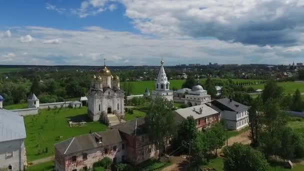 Top luchtfoto van kerk en groene velden op een zonnige dag — Stockvideo