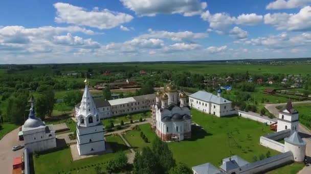 Vista aérea de la iglesia y los campos verdes en un día soleado — Vídeo de stock