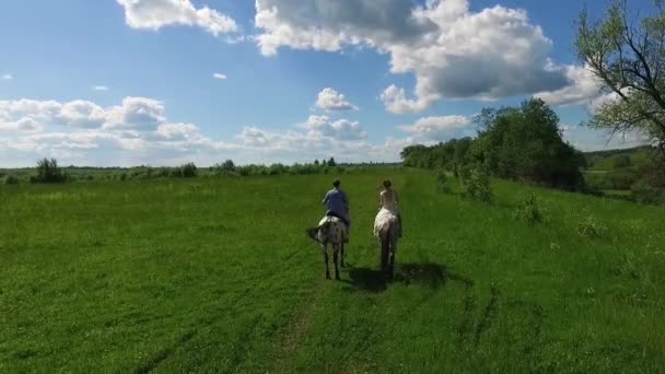 Young couple spending time together riding horses, aerial — Stock Video