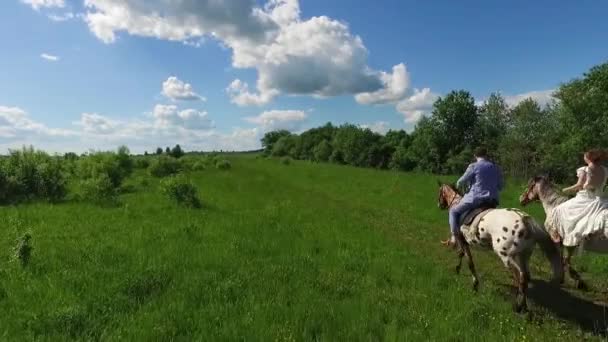 Jong koppel tijd doorbrengen samen paardrijden paarden, luchtfoto — Stockvideo