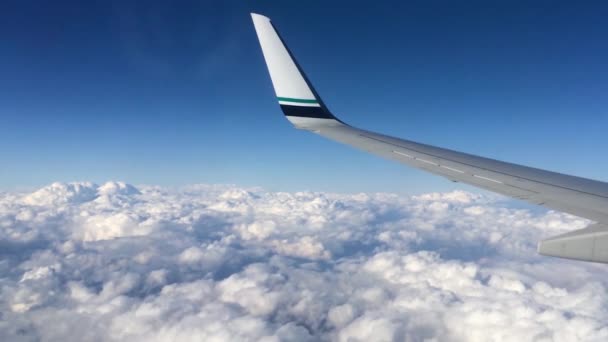 Крило літака, що летить над хмарами. Люди дивляться на небо з вікна літака, використовуючи повітряний транспорт для подорожей — стокове відео