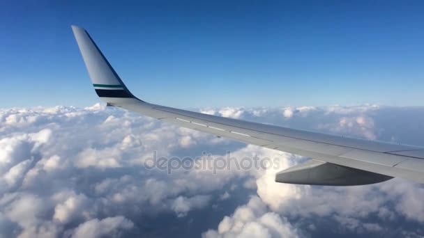 Ala de un avión volando por encima de las nubes. La gente mira el cielo desde la ventana del avión, usando el transporte aéreo para viajar — Vídeo de stock