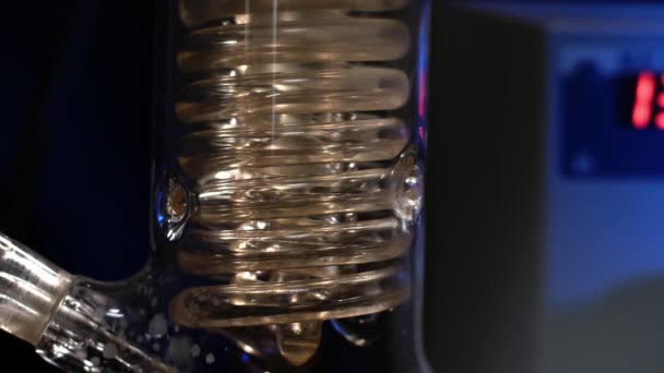 Espiral de cristal. Tubo de vidrio espiral con agua de cerca. Tubo espiral de vidrio del condensador de reflujo con agua corriente. filtración de fluidos en el experimento de laboratorio — Vídeo de stock