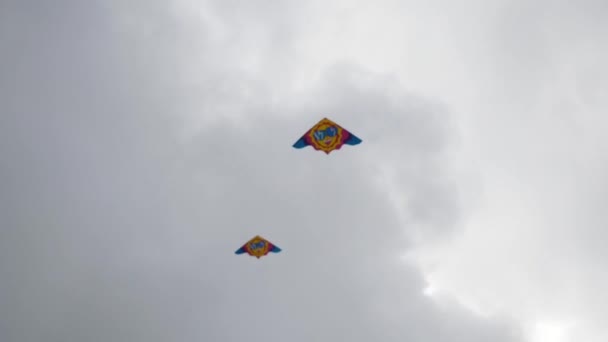 Cometas en el cielo. Cometas de colores volando en el cielo azul. Bajo el cielo azul cometas voladoras — Vídeo de stock