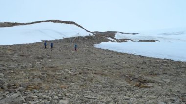 Kuzey Kutbu seferi. Grup adam Kuzey Kutbu'nda. Erkeklerle birlikte trekking Polonyalılar dağlarda.