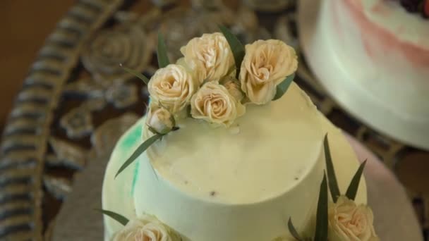 Gâteau de mariage aux roses. Beau grand gâteau de mariage à trois étages décoré de douces roses tendres. En plein air. un gâteau de mariage blanc à trois niveaux et roses rouges — Video