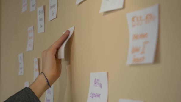 Hombre adjunta hoja de papel blanco en la pared — Vídeos de Stock