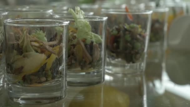 Detail zelený salát z rajčat, hlávkový salát a sušenky ochucené majonézy v brýlích. Verrines předkrm, okurka, sýr, bylinky, kapary v brýlích. Občerstvení na party zblízka — Stock video