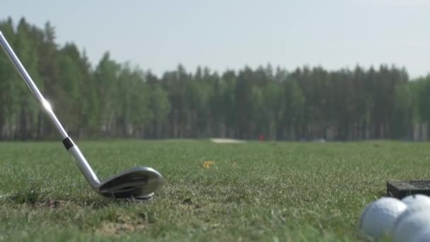 Boll och putter närbild på grönt gräs. Manlig golfare boll position på gröna — Stockvideo