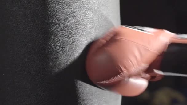 Peleador musculoso guapo que da una patada hacia adelante fuerte durante una ronda de práctica con una bolsa de boxeo, kickboxing. Entrenamiento de boxeador joven en saco de boxeo. Joven atleta masculino. Retrato vista lateral — Vídeos de Stock