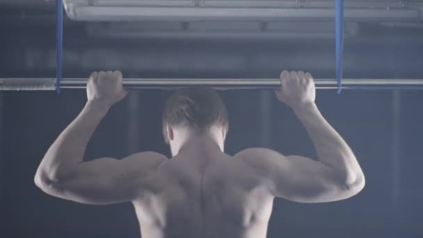 Vista posterior del hombre musculoso con el torso desnudo haciendo ejercicios de pull-ups en la barra horizontal. Fitness, entrenamiento de gimnasia en el gimnasio. Hombre con el torso desnudo está tirando de la barra de vista trasera — Vídeos de Stock