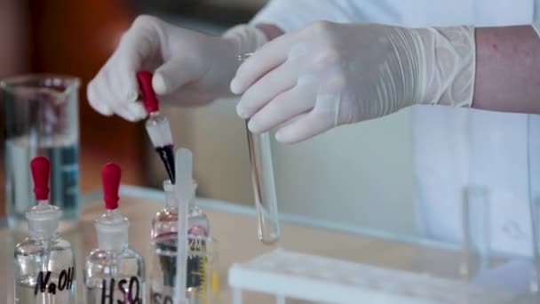 테스트 튜브에 보라색 액체를 흘리지 과학자의 근접 샷. 피펫으로에서 튜브에 액체를 붓는 — 비디오
