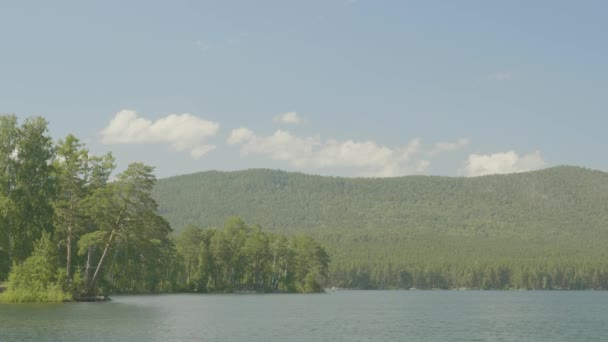Blauw water in het meer van een bos met pijnbomen. Prachtig meer en groene woud — Stockvideo