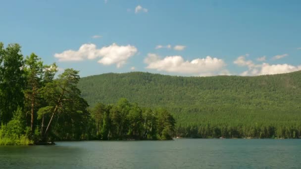 Linda vista para o lago. Paisagem de verão com céu azul, árvores e lago, timelapse — Vídeo de Stock