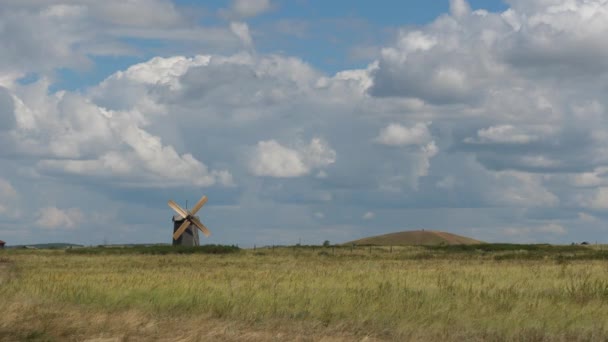 Sommar landskap med fält av gräs, blå himmel och väderkvarn i fjärran. Grönt gräs fält landskap med fantastisk moln i bakgrunden. Bra sommarlandskap — Stockvideo