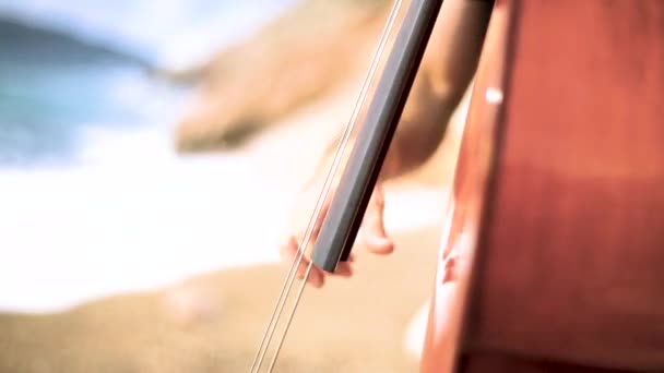 O homem toca violoncelo com os dedos fechados. Filmagem. Homem toca violoncelo à beira-mar — Vídeo de Stock