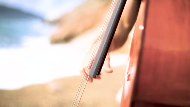 L'uomo suona il violoncello con le dita in primo piano. Un filmato. L'uomo suona il violoncello sul lungomare — Video Stock