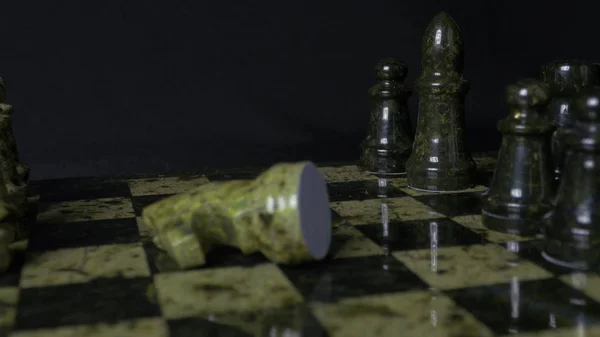 El elefante negro en el ajedrez derrota al caballo blanco. Detalle de pieza de ajedrez sobre fondo negro. Juego de ajedrez. Vista de cerca. Enfoque selectivo — Foto de Stock