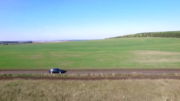 The car on the nature. Fotage. Black car driving on rural road. Aerial — Stock Video