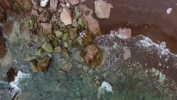 Playa de piedra y árboles verdes. Filmación. Mujer en la orilla la orilla rocosa del mar, vista superior — Vídeos de Stock